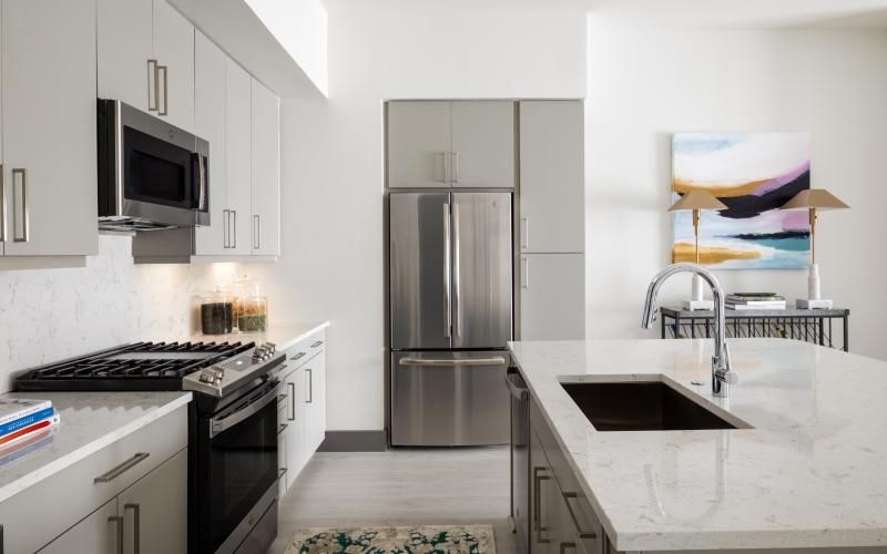 Spacious kitchens with thoughtful details a kitchen with grey cabinets and stainless steel appliances